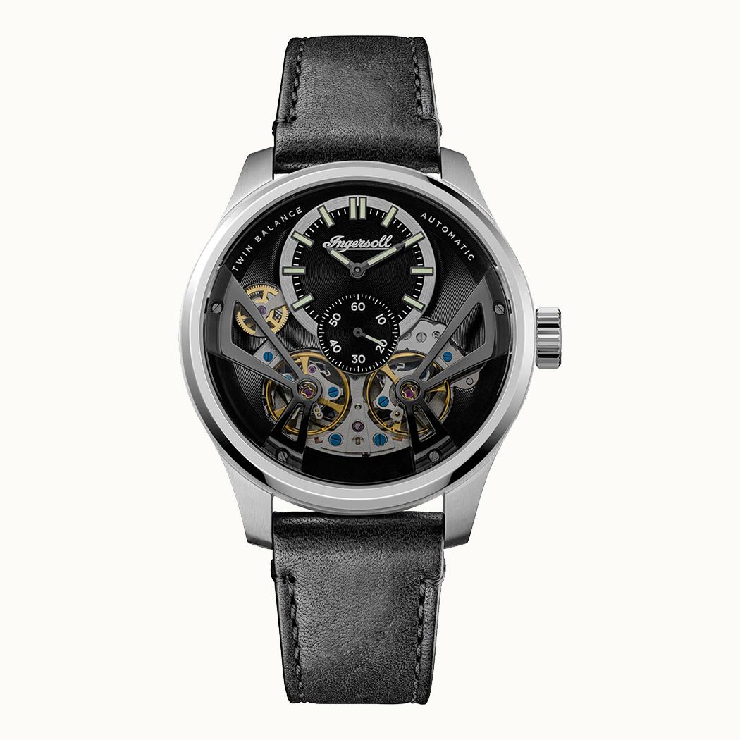 Herrenarmbanduhr Ingersoll mit schwarzem Zifferblatt, Skelett-Optik und schwarzem Lederband