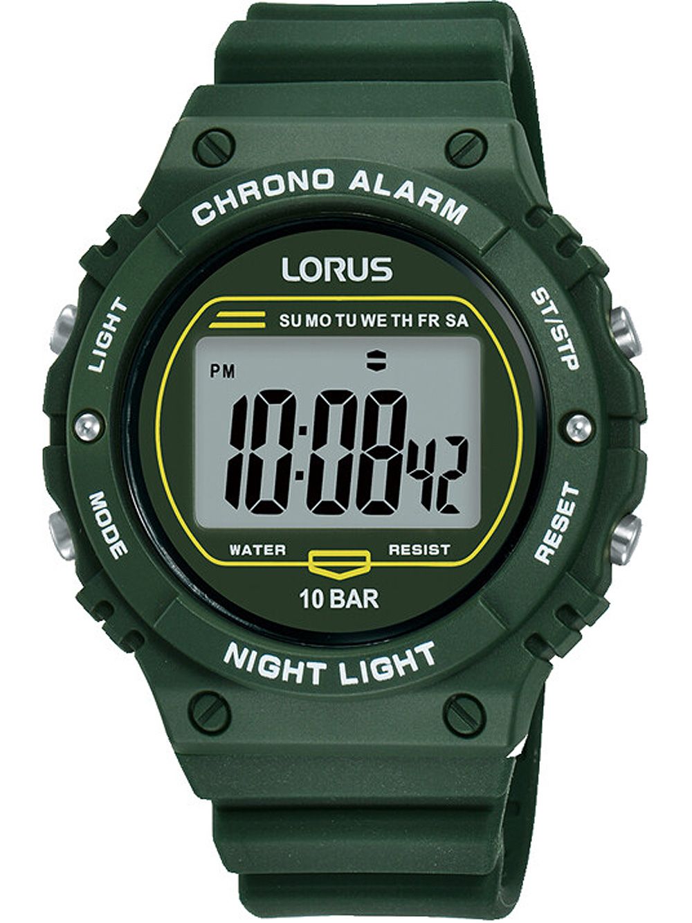 Digitale Herrenuhr, grünes Silikonarmband, rundes Display, gelber Ring, 10 BAR