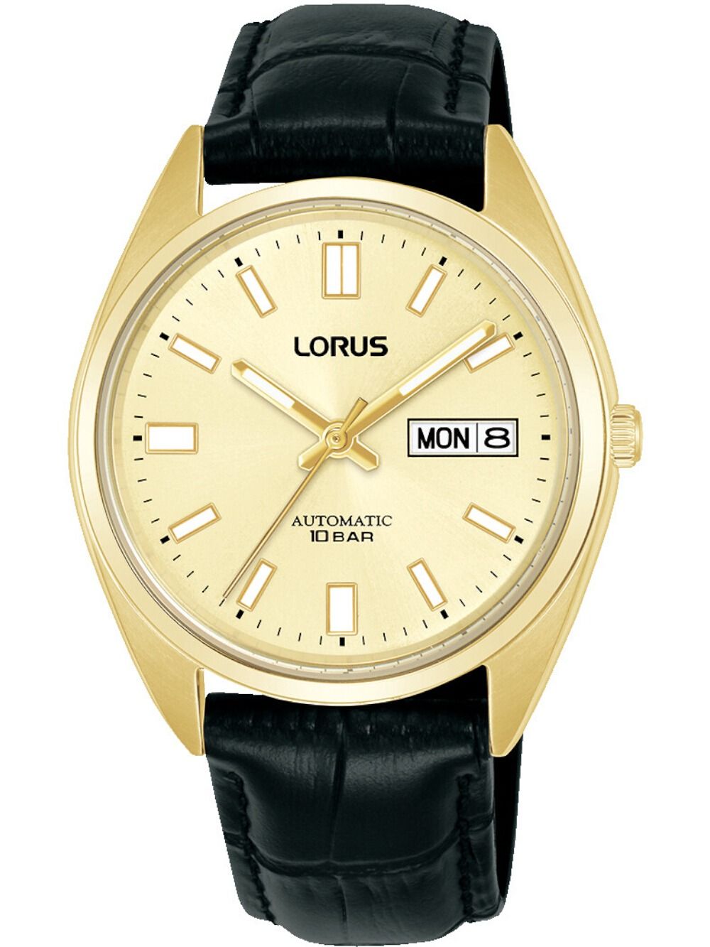 Herrenarmbanduhr mit schwarzem Lederband, goldfarbener Lünette, creme Zifferblatt, Datum
