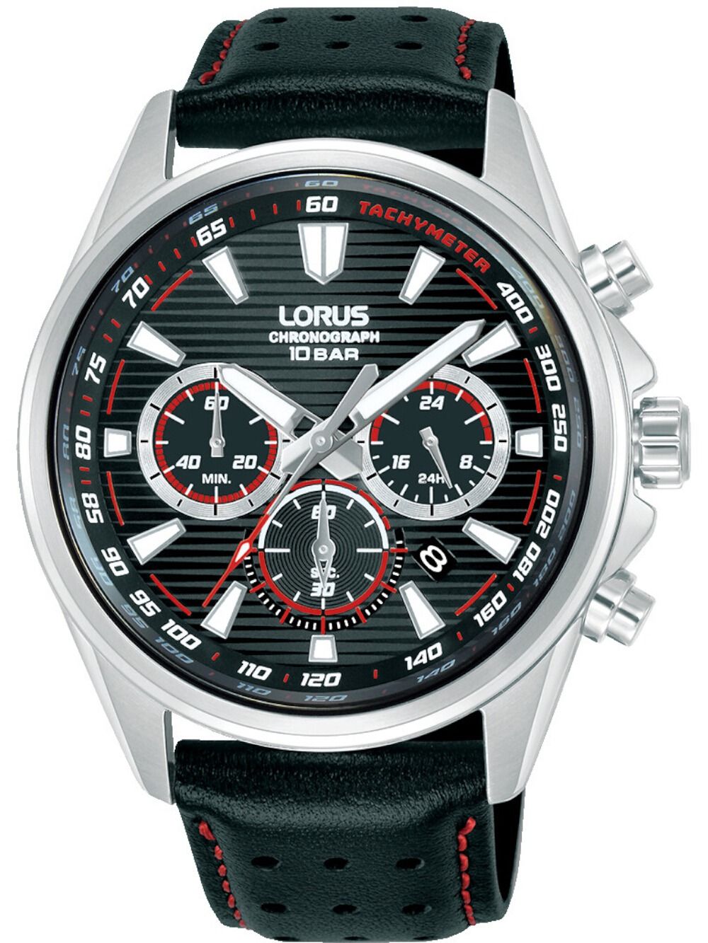 Lorus-Chronographenarmbanduhr mit schwarzem Lederband und Tachymeter-Lünette
