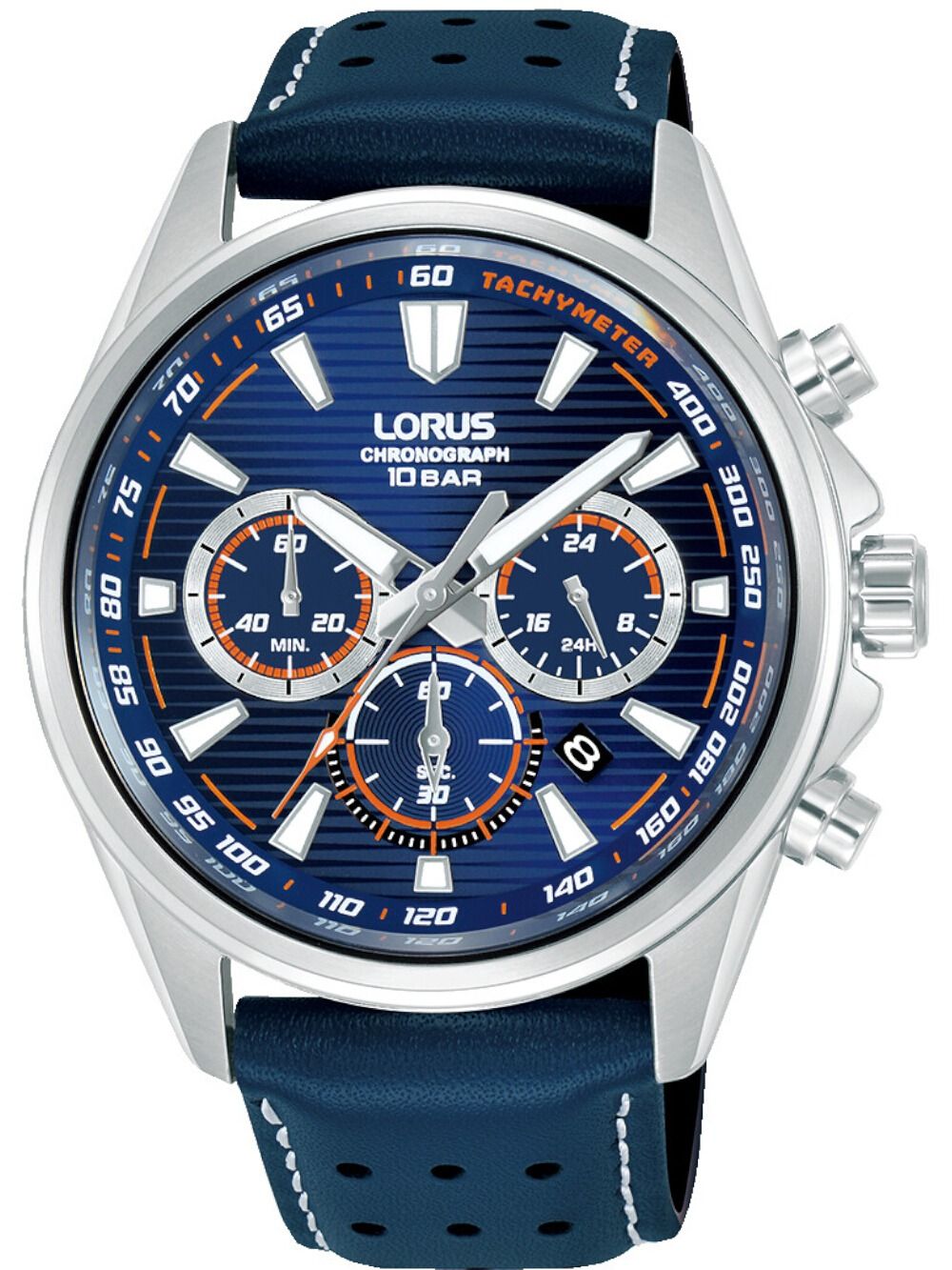 Herren-Chronographenuhr von Lorus mit dunkelblauem Lederarmband und blauem Ziffernblatt