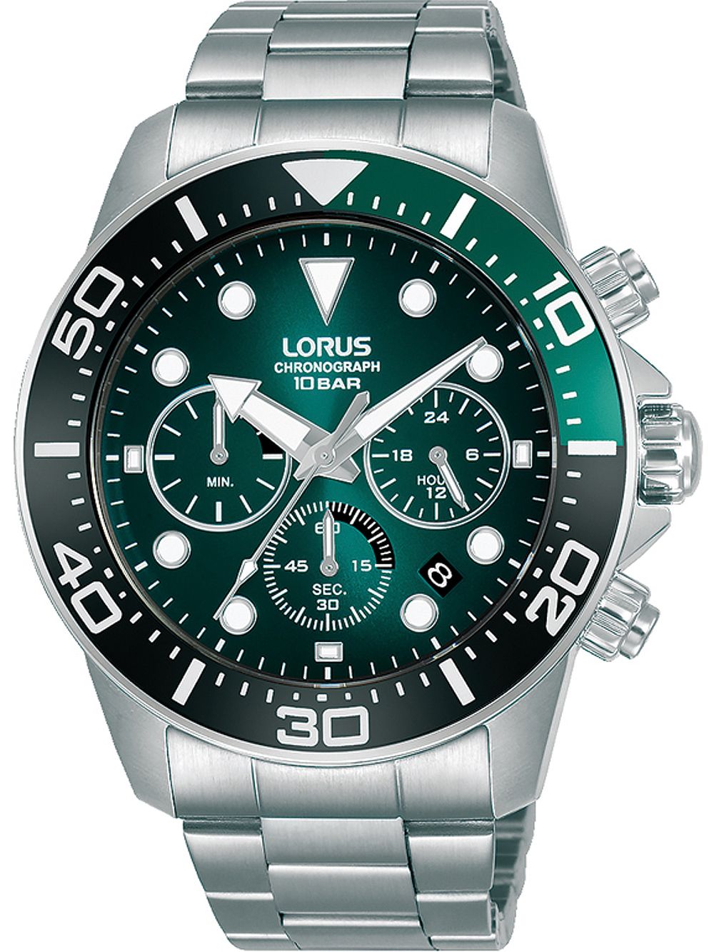 Herren-Armbanduhr LORUS Sport mit Chronograph, schwarzem Zifferblatt und Metallarmband
