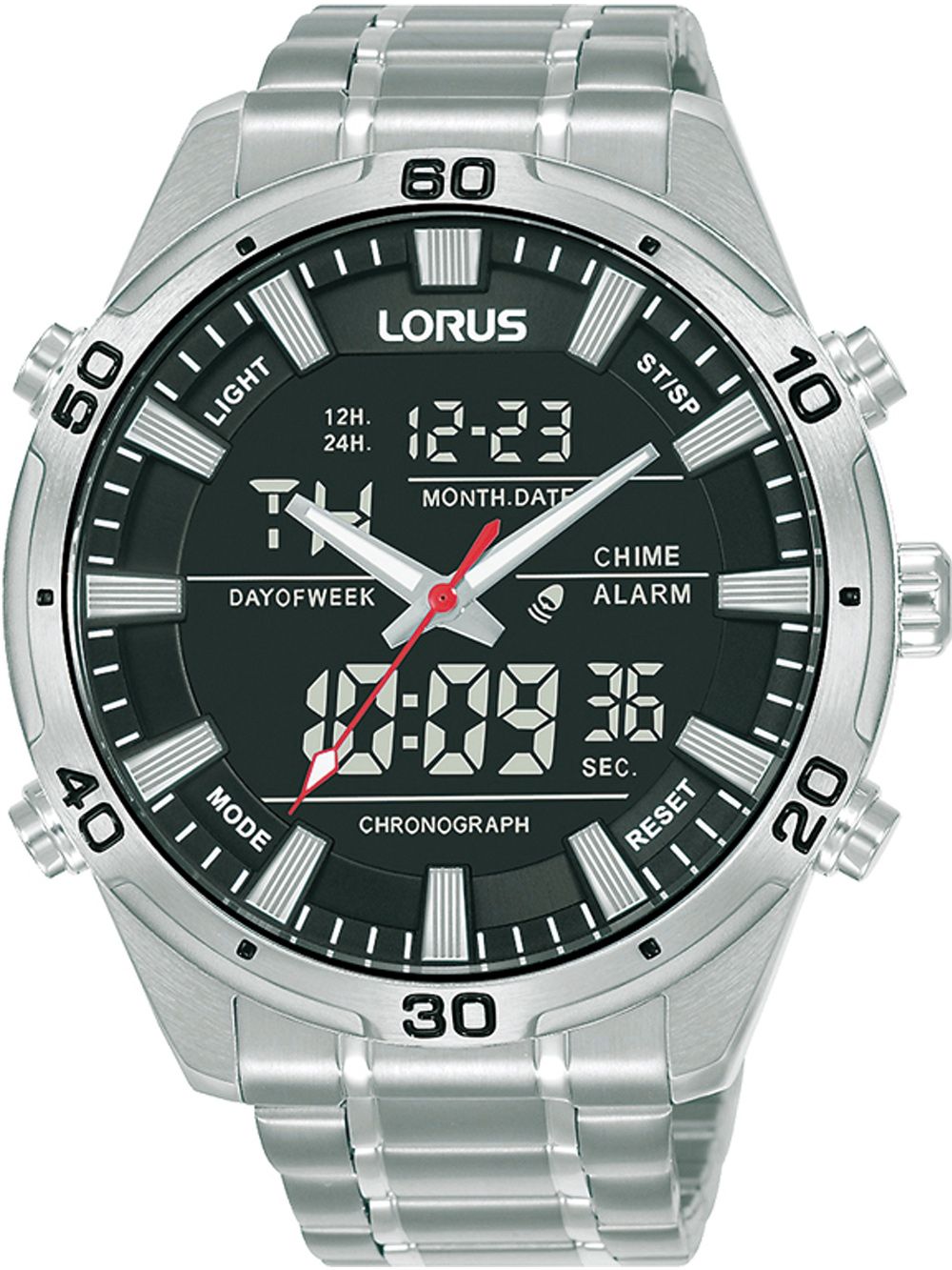 Herrenarmbanduhr Lorus mit silbernem Metallarmband, schwarzem Zifferblatt und Chronographen