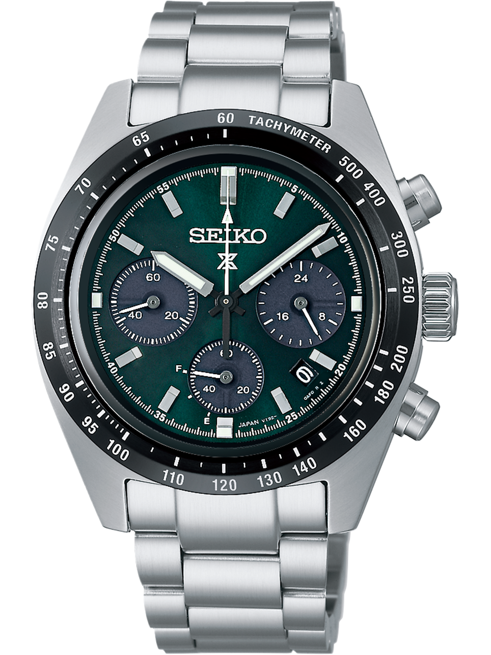Herrenuhr Chronograph mit grünem Zifferblatt, Edelstahlband und Tachymeter-Lünette.
