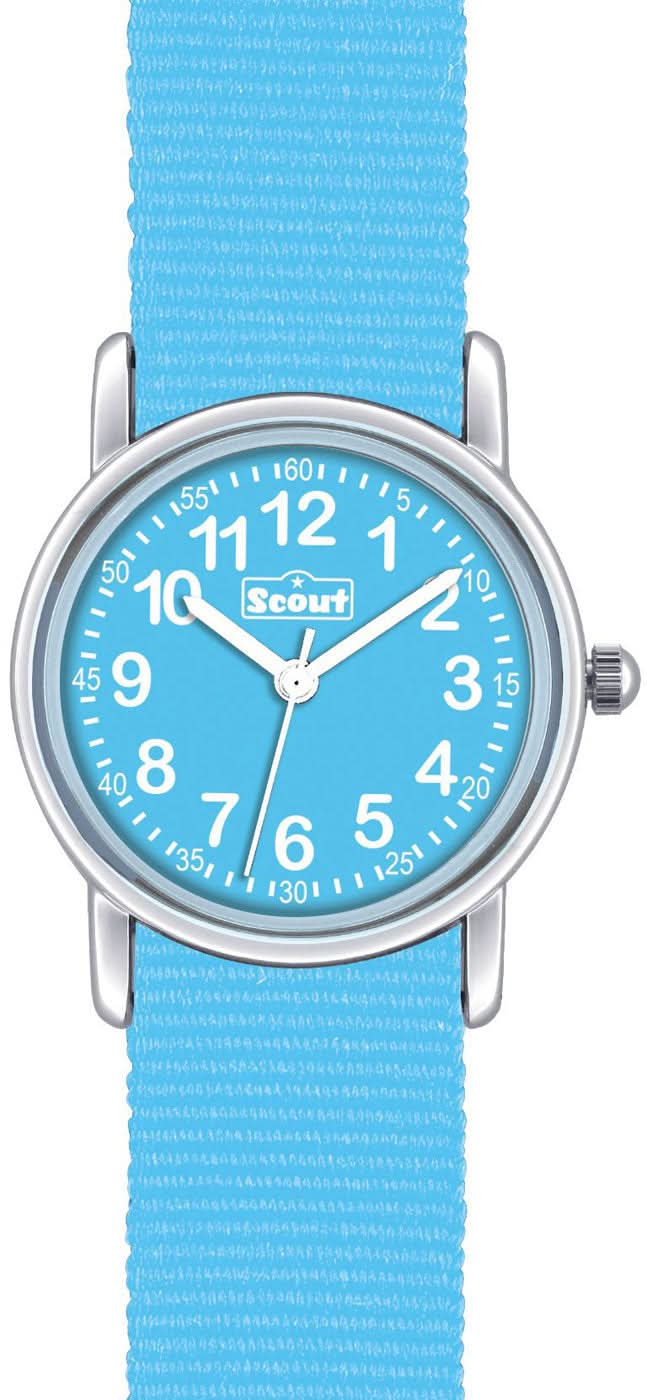 Kinderuhr mit blauem Armband und rundem silbernem Gehäuse, Zifferblatt mit Ziffern