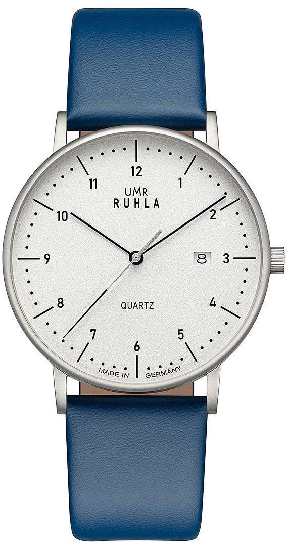 Montre UMR Ruhla pour homme avec bracelet en cuir bleu, boîtier argenté et cadran blanc.