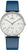 Montre UMR Ruhla pour homme avec bracelet en cuir bleu, boîtier argenté et cadran blanc.