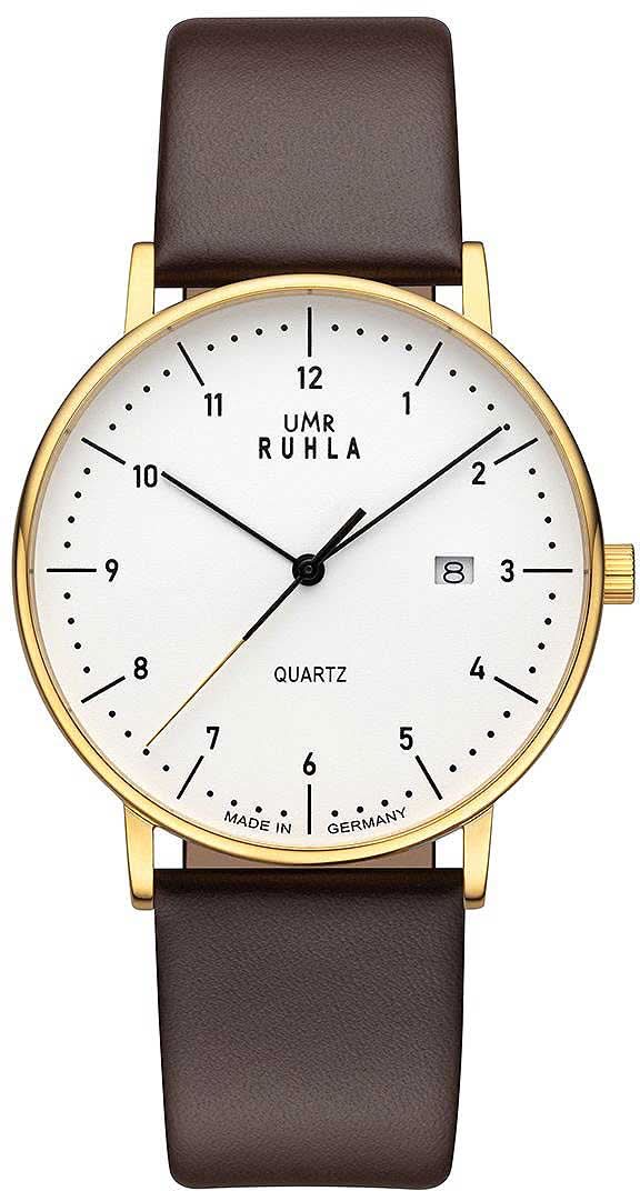 Montre pour homme : cadran blanc, boîtier doré, bracelet en cuir marron