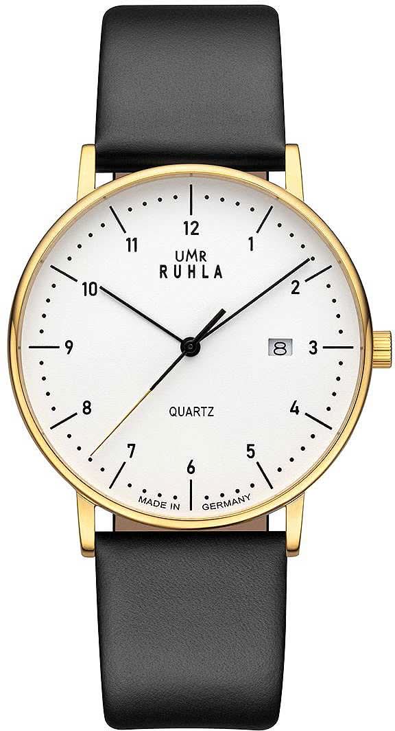Montre homme avec bracelet en cuir noir, boîtier doré et cadran blanc