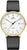 Montre homme avec bracelet en cuir noir, boîtier doré et cadran blanc