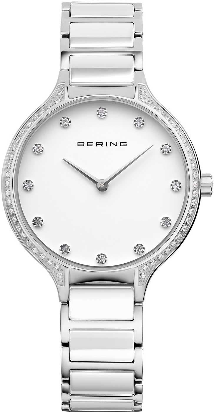 Bering Montre Femme : cadran blanc, index en zircone, bracelet en céramique, verre saphir