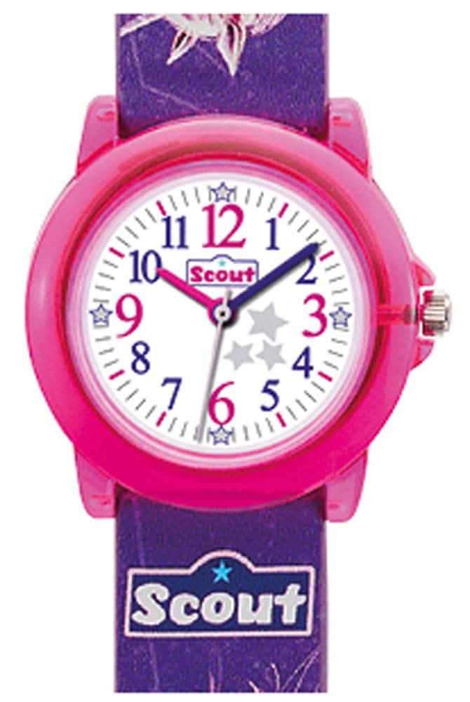 Kinderuhr mit Lernziffern, pinkem Gehäuse und weißem Zifferblatt, lila Armband
