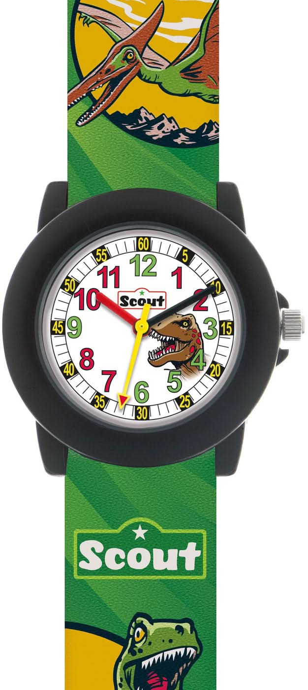 Bracelet pour garçon avec boîtier noir, cadran blanc et motif dinosaure