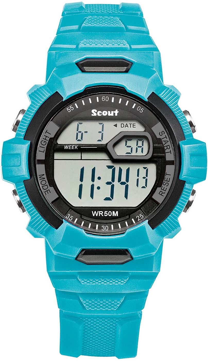 Kinder-Digitaluhr mit türkisfarbenem Kunststoffarmband und schwarzer Lünette, Display sichtbar