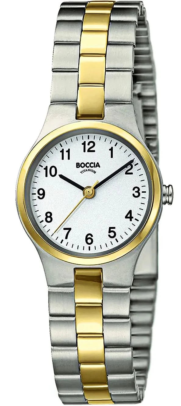 Montre pour femme avec cadran rond (blanc) et chiffres romains, bracelet bicolore, Boccia