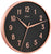 Horloge murale ronde avec cadran noir, lunette or rose et chiffres romains clairs