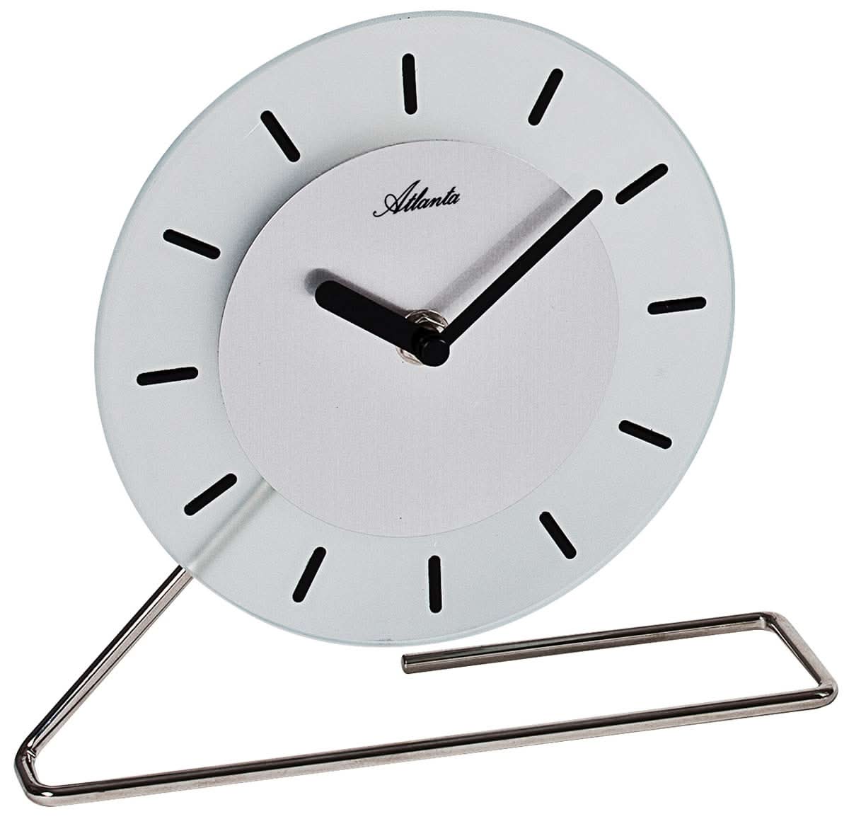 Horloge de table ronde avec façade en verre, cadran noir et inscription Atlanta