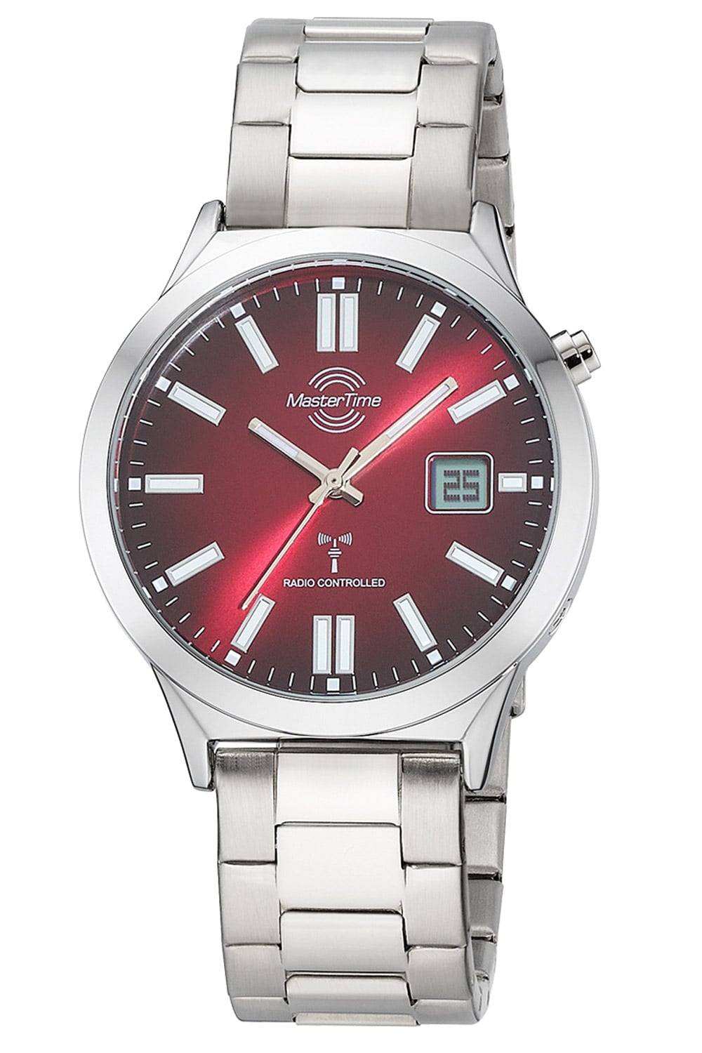 Herrenarmbanduhr mit rotem Zifferblatt, silbernem Edelstahlband und Datumsanzeige