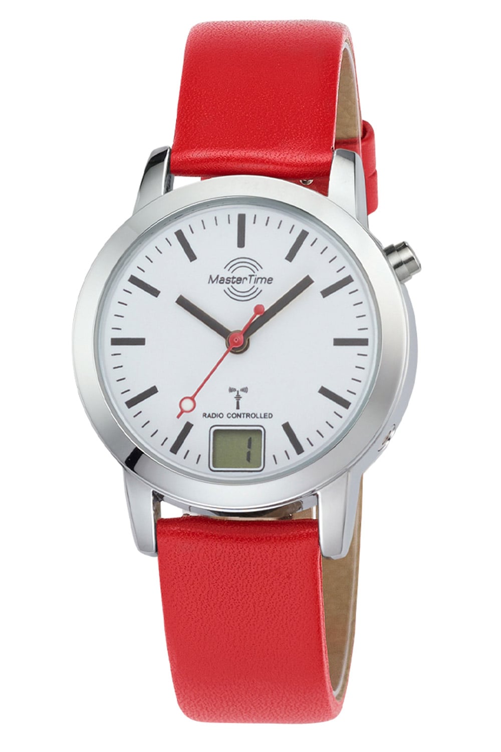 Damen-Armbanduhr mit rotem Lederarmband, weißem Zifferblatt und silbernem Gehäuse