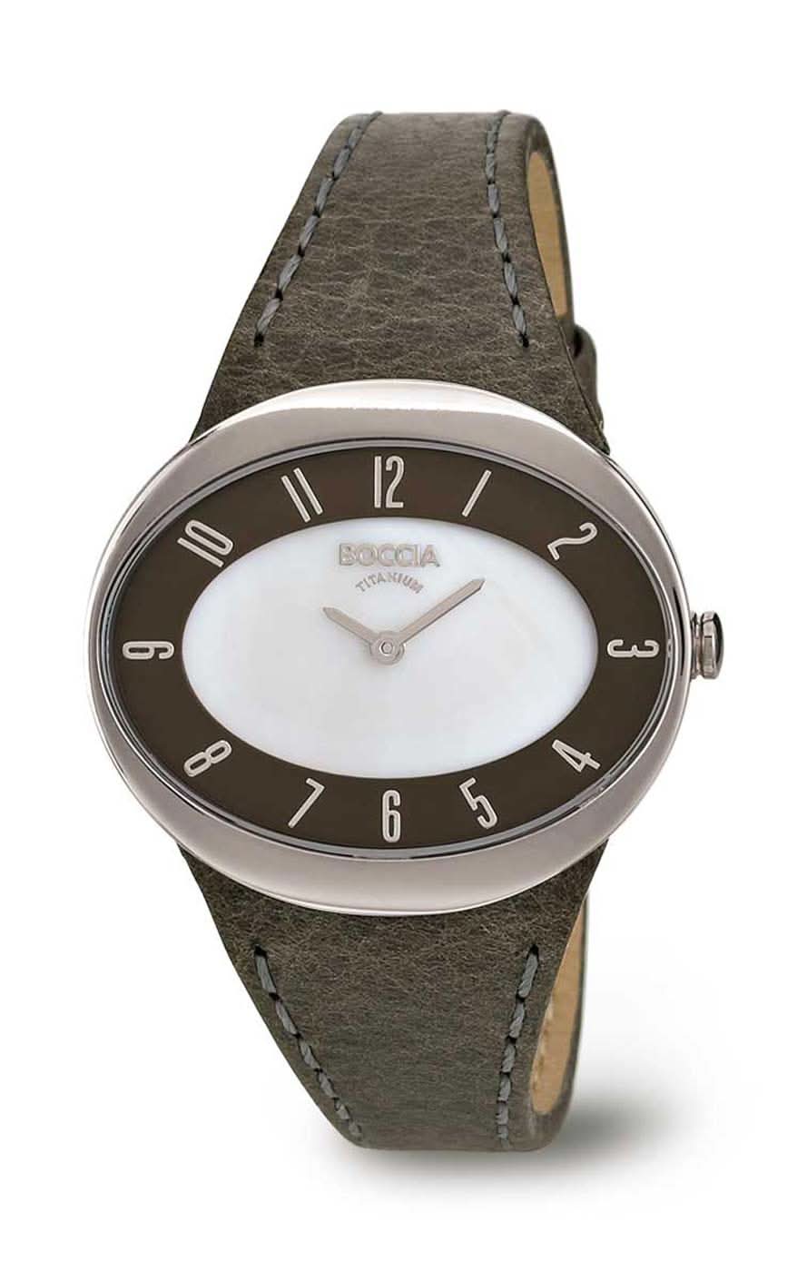 Montre Boccia pour femme avec bracelet en cuir gris et cadran blanc, boîtier argenté