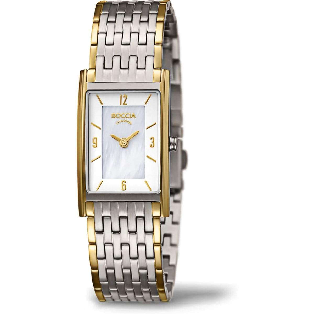 Montre bicolore pour femme avec cadran rectangulaire, cadran blanc et accents dorés, bracelet en métal