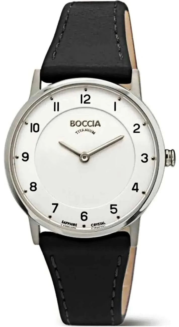 Montre pour femme avec boîtier argenté, cadran blanc et bracelet en cuir noir, Boccia