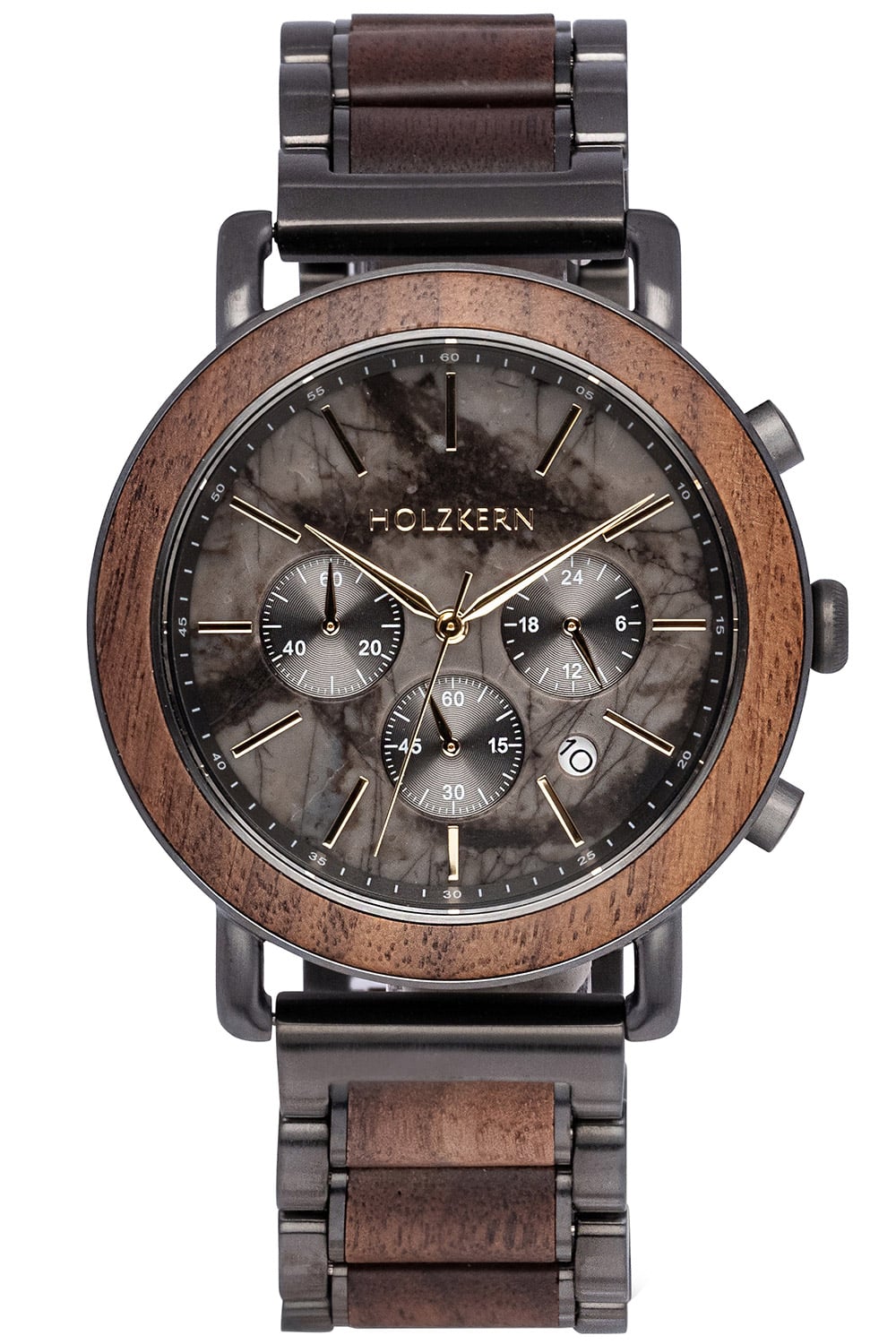 HolzKERN Herrenchronograph: Holzgehäuse, dunkles Marmorzifferblatt, Holzgliederarmband