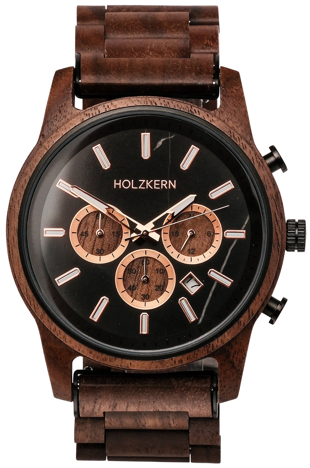 Holzkern Herrenarmbanduhr mit braunem Holzarmband, schwarzem Chronographenzifferblatt