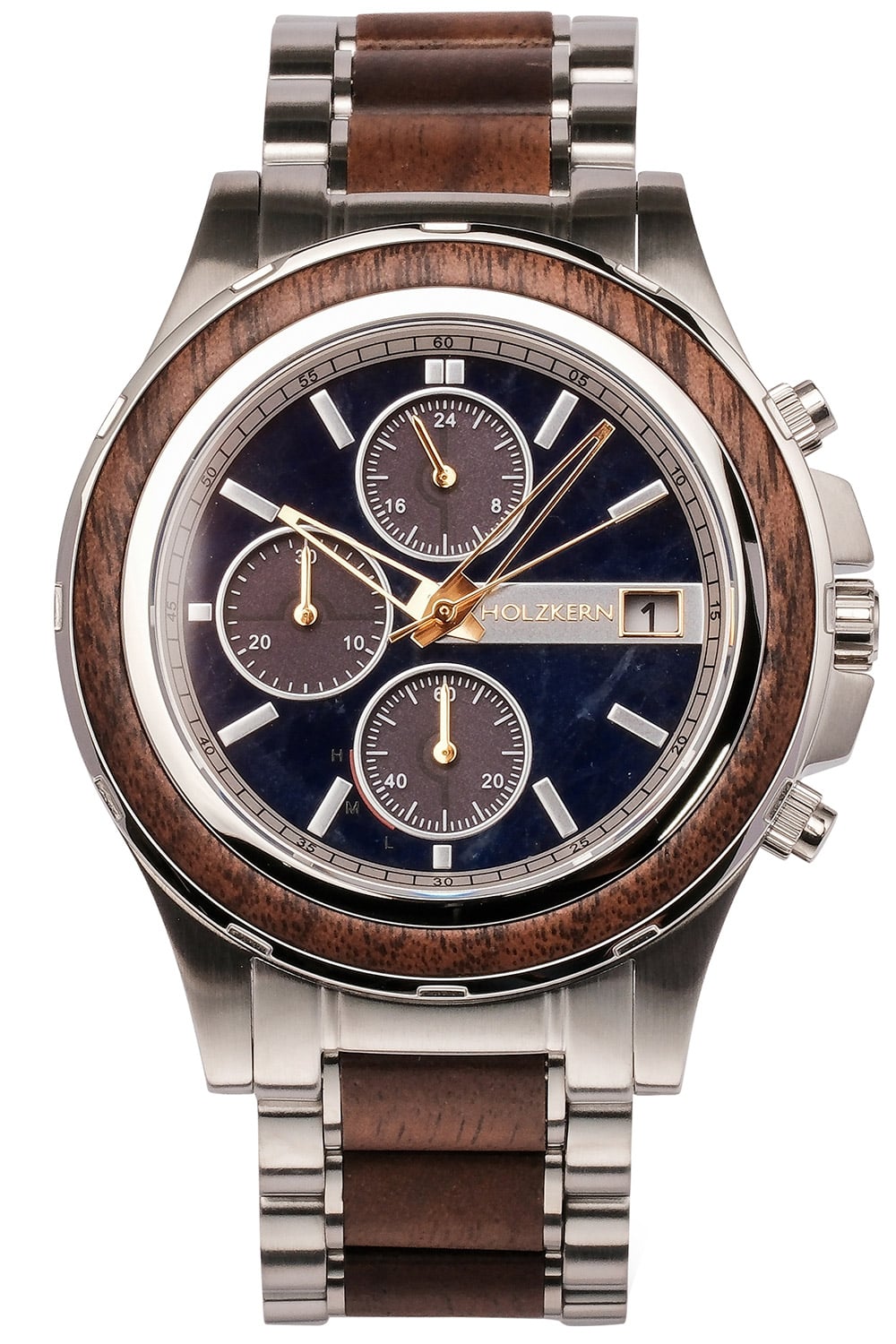 Herren-Chronograph-Uhr von Holzkern mit blauem Zifferblatt und Holz-Metallarmband