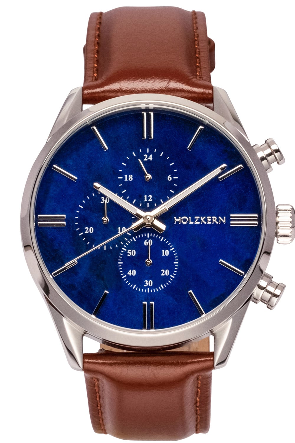 Holzkern Herrenarmbanduhr: blaues Zifferblatt, braunes Lederband, Chronograph-Optik