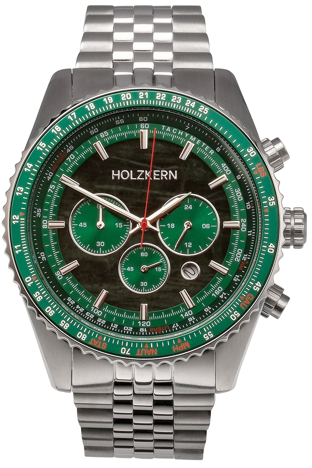 Holzkern Herren-Chronograph mit grünem Zifferblatt, Tachymeter-Lünette und Edelstahlband