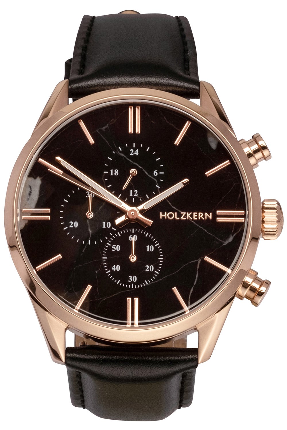 Herren-Chronograph mit schwarzem Lederarmband, schwarzem Zifferblatt und roségoldener Lünette