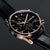 Herren-Chronograph im Detail: schwarzes Zifferblatt mit Chronograph-Zählern und schwarzen Indexen
