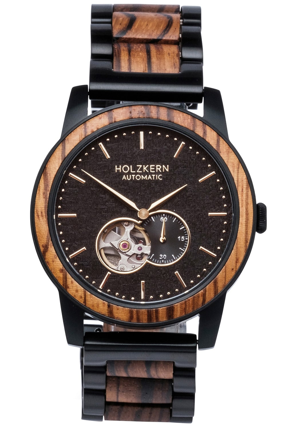 Holzkern Herren-Automatikuhr: schwarzes Holzarmband, schwarzes Zifferblatt, sichtbares Uhrwerk