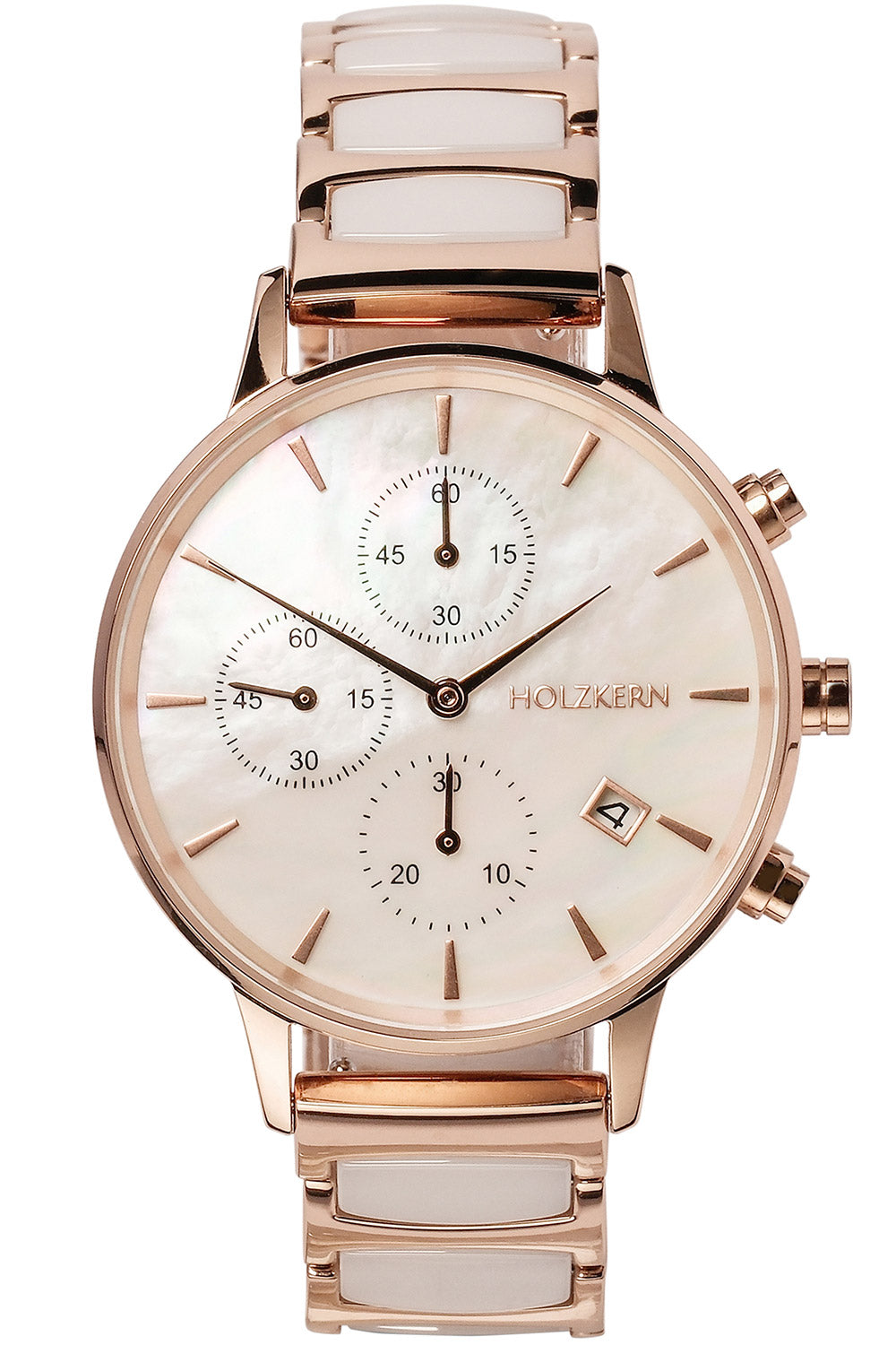 Holzkern Damenuhr-Chronograph in Roségold mit weißem Zifferblatt und Edelstahlarmband