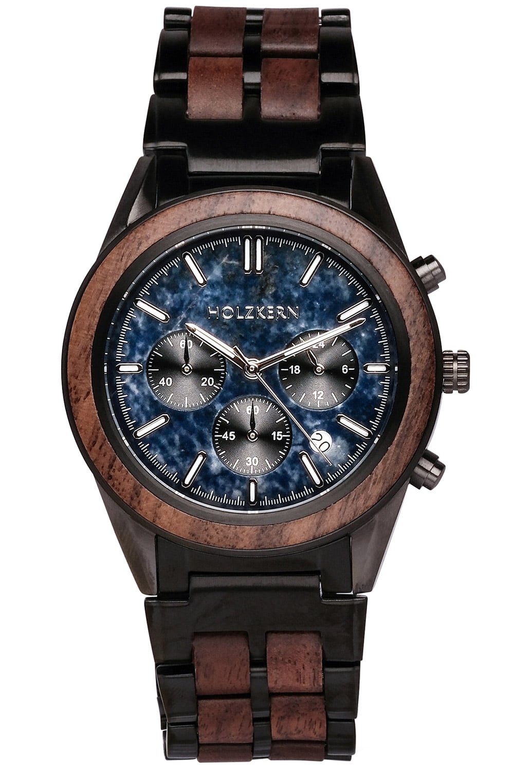 Herren-Chronograph von HOLZKERN mit blauem Zifferblatt und Holz-Edelstahlarmband