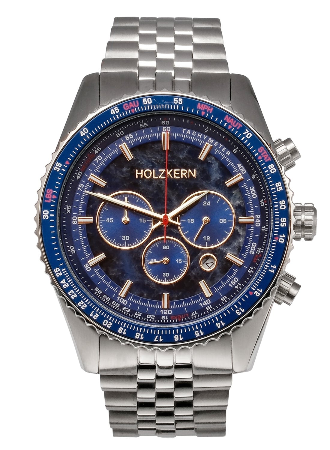 Chronograph für Herren: Edelstahlgehäuse, blaues Zifferblatt, Metallarmband
