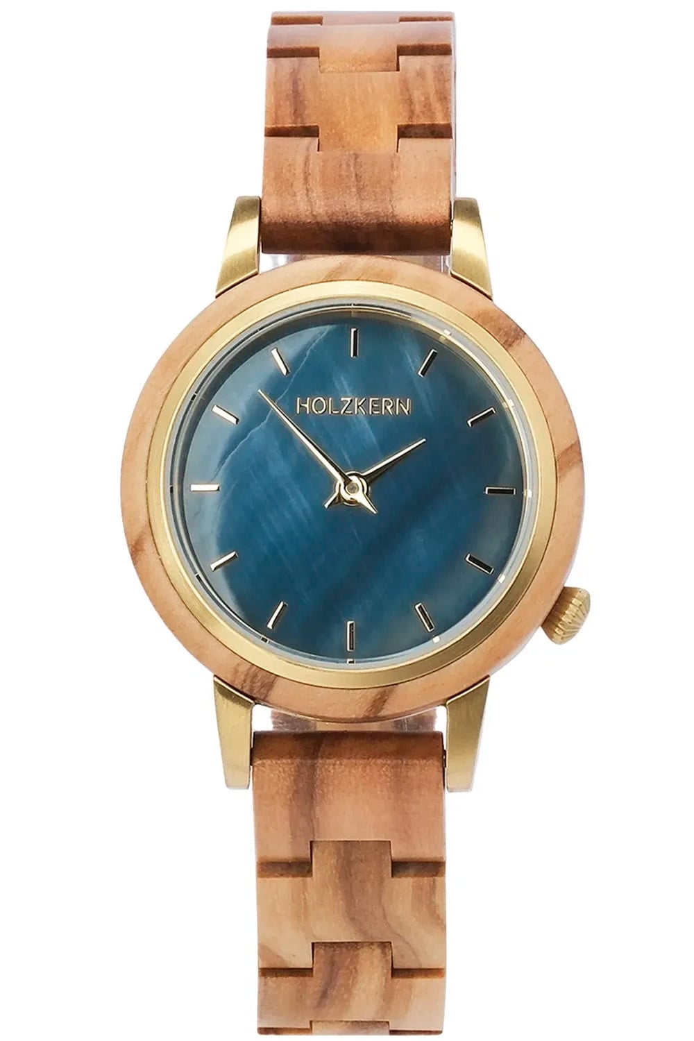 Holzkern Damenuhr mit blauem Zifferblatt und Holzarmband, rundes Goldgehäuse