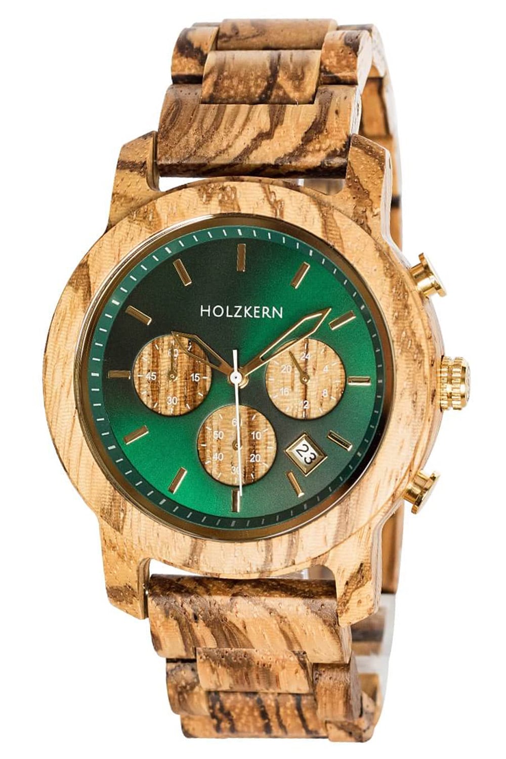 Holzkern Herrenuhr mit dunkelgrünem Zifferblatt und Holzarmband, Chronographen-Subdials