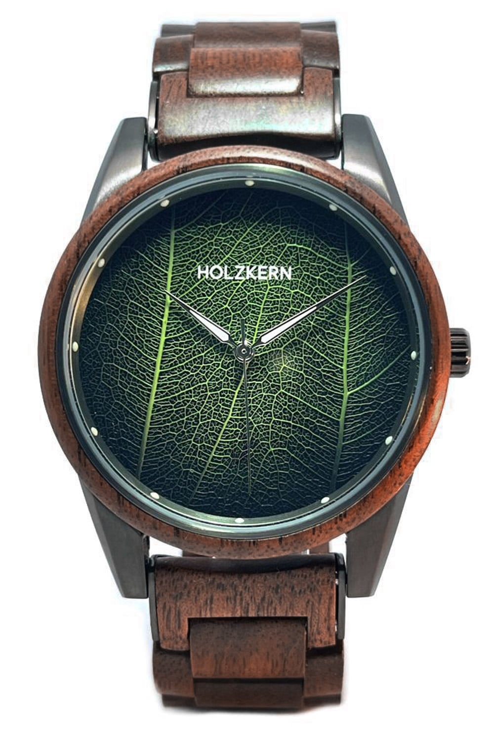 Holzkern-Armbanduhr mit braunem Holzarmband und dunkelgrünem Blattzifferblatt