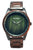 Holzkern-Armbanduhr mit braunem Holzarmband und dunkelgrünem Blattzifferblatt