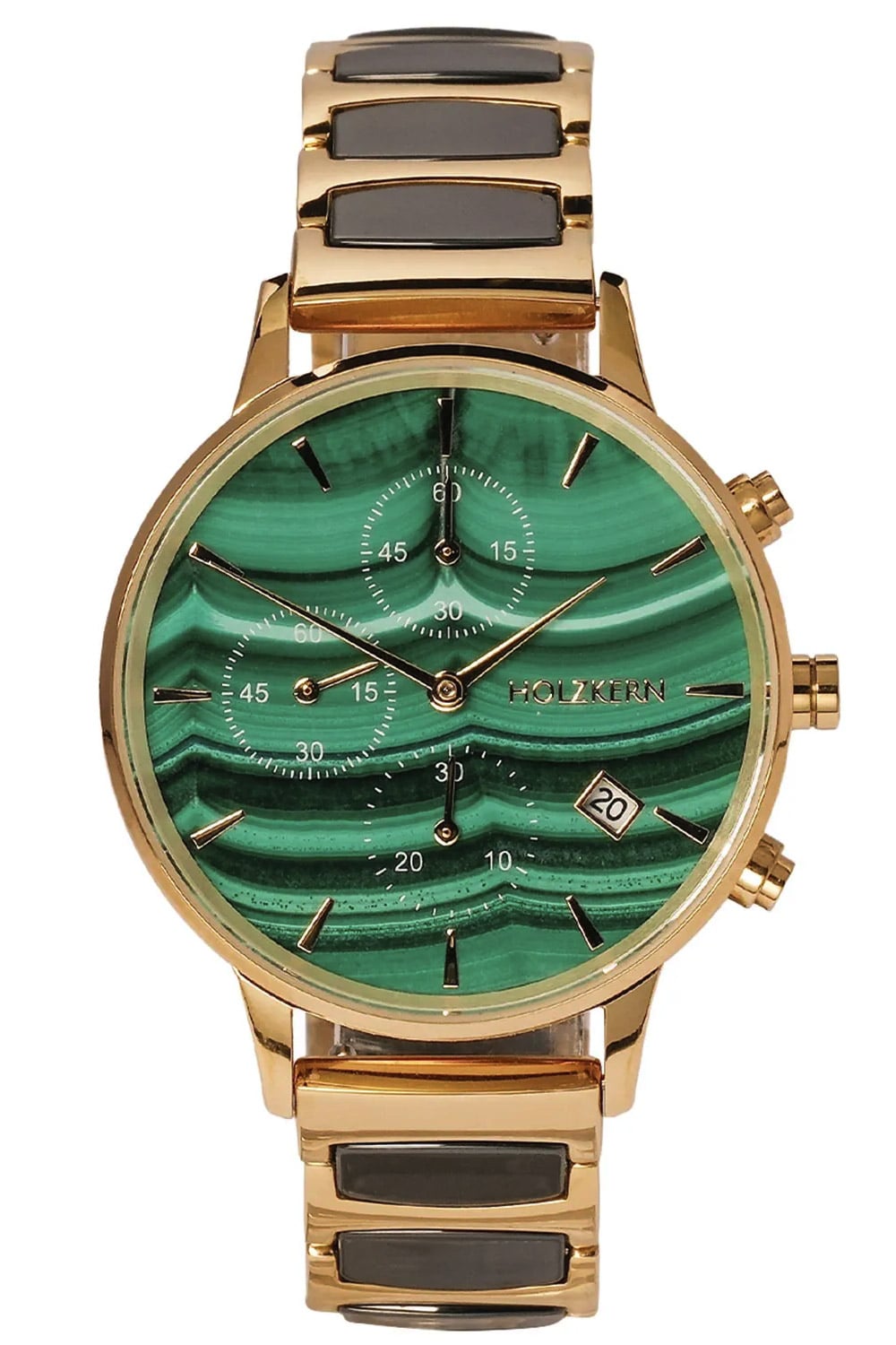 Damenuhr mit goldfarbenem Chronographengehäuse, grünem Malachit-Zifferblatt und Metallband mit schwarzen Einsätzen