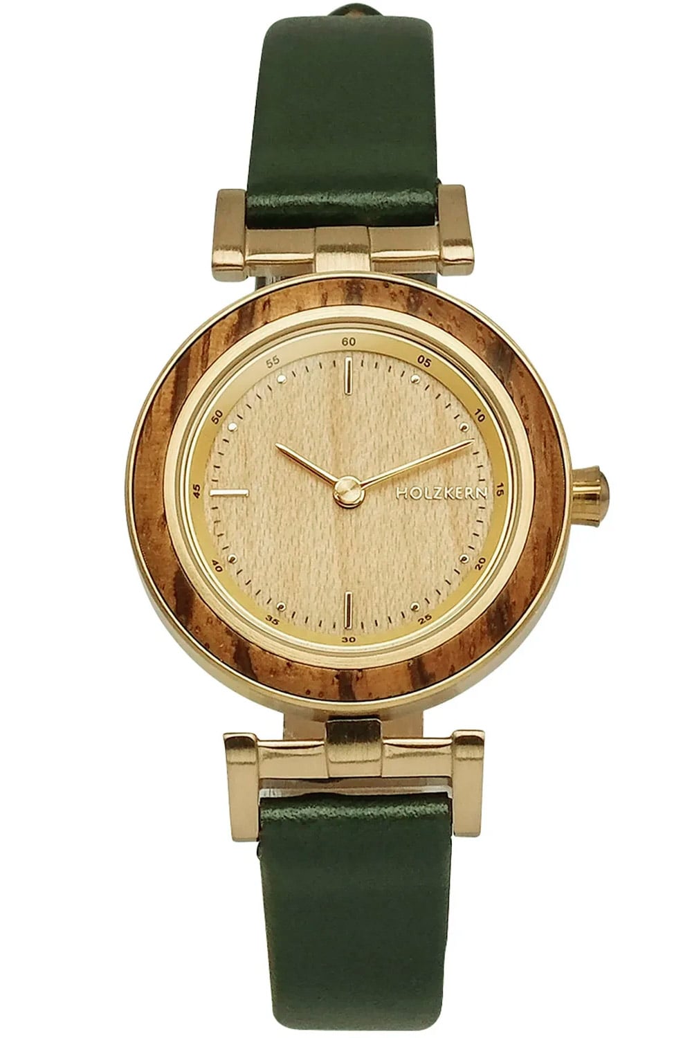 Damen-Armbanduhr mit grünem Lederarmband und rundem Holz-Zifferblatt im Goldton