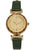 Damen-Armbanduhr mit grünem Lederarmband und rundem Holz-Zifferblatt im Goldton