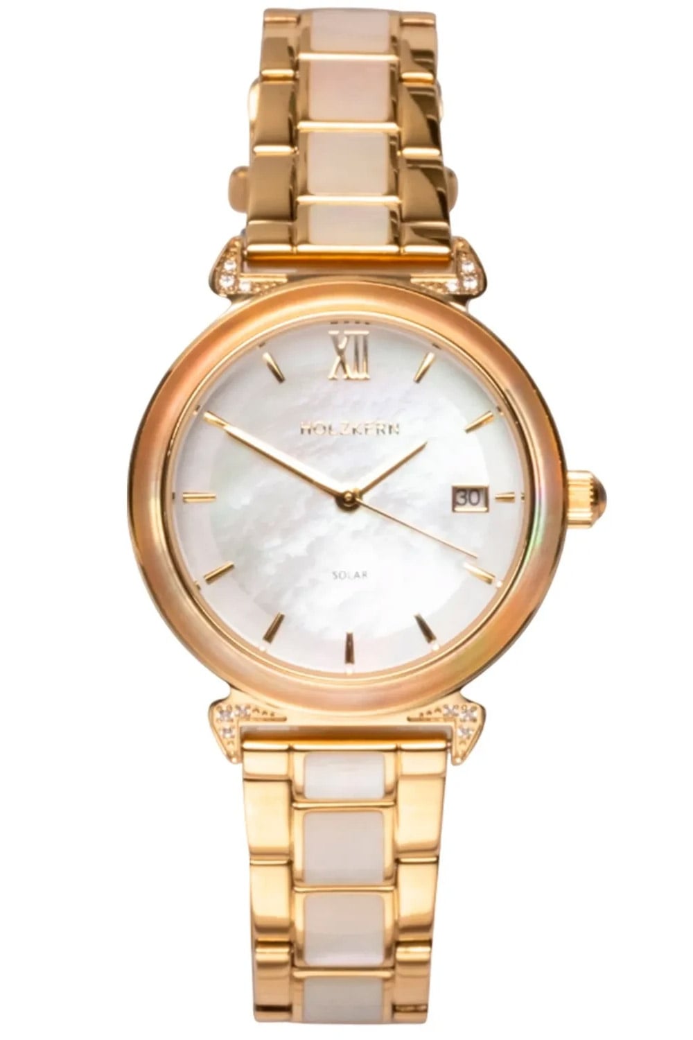 Goldfarbene Damen-Armbanduhr mit weißem Zifferblatt und römischen Ziffern