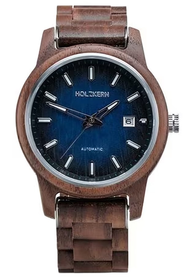 Holzkern Herrenuhr mit blauem Zifferblatt und braunem Holzarmband, Automatik, runde Lünette