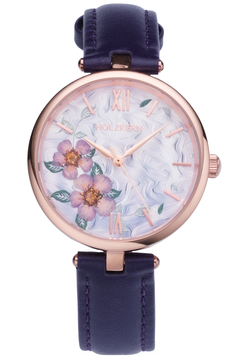 Holzkern Damenuhr mit violettem Lederarmband, roségoldfarbenem Gehäuse und floralen Zifferblattblüten