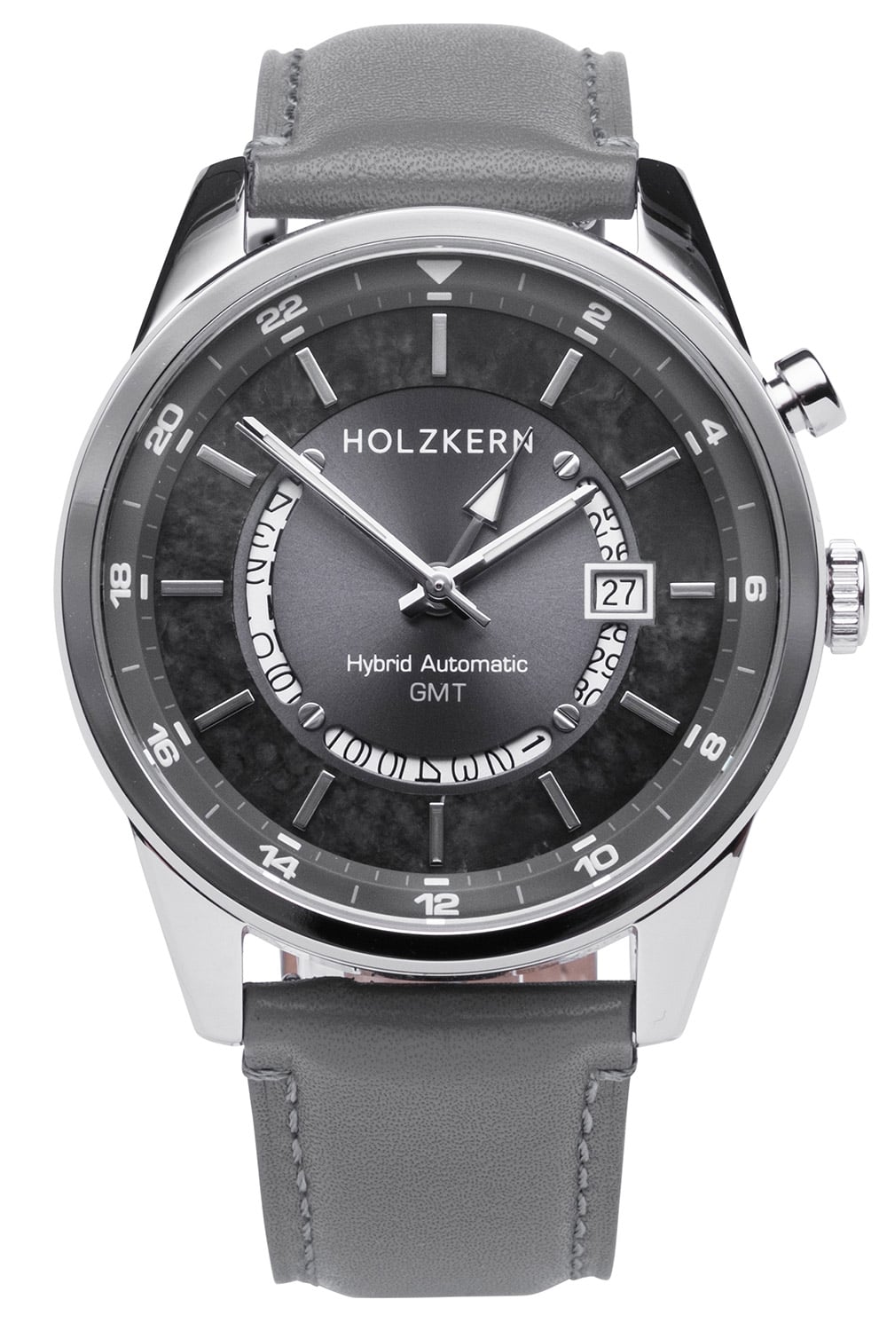Holzkern GMT-Herrenuhr: graues Lederband, schwarzes Zifferblatt, silbernes Gehäuse