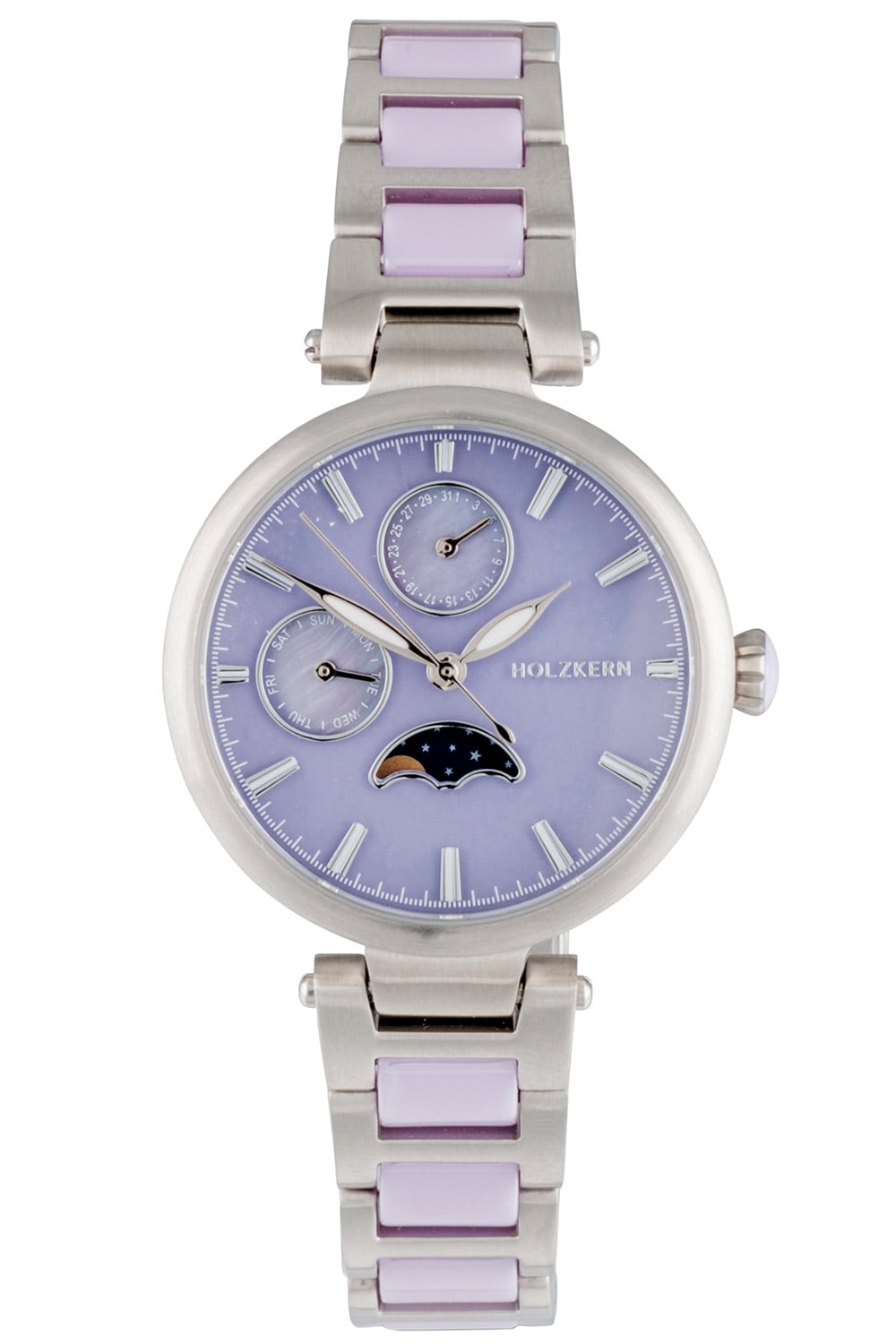 Holzkern Damenarmbanduhr mit violettem Metallband und blauem Zifferblatt mit Mondphasen