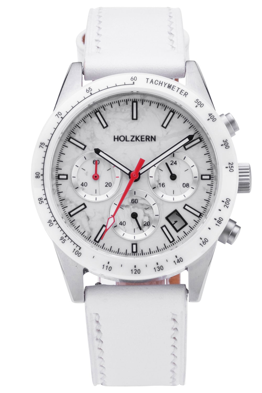 Holzkern Herrenarmbanduhr aus Titan mit weißem Zifferblatt, Chronograph und rotem Zeiger